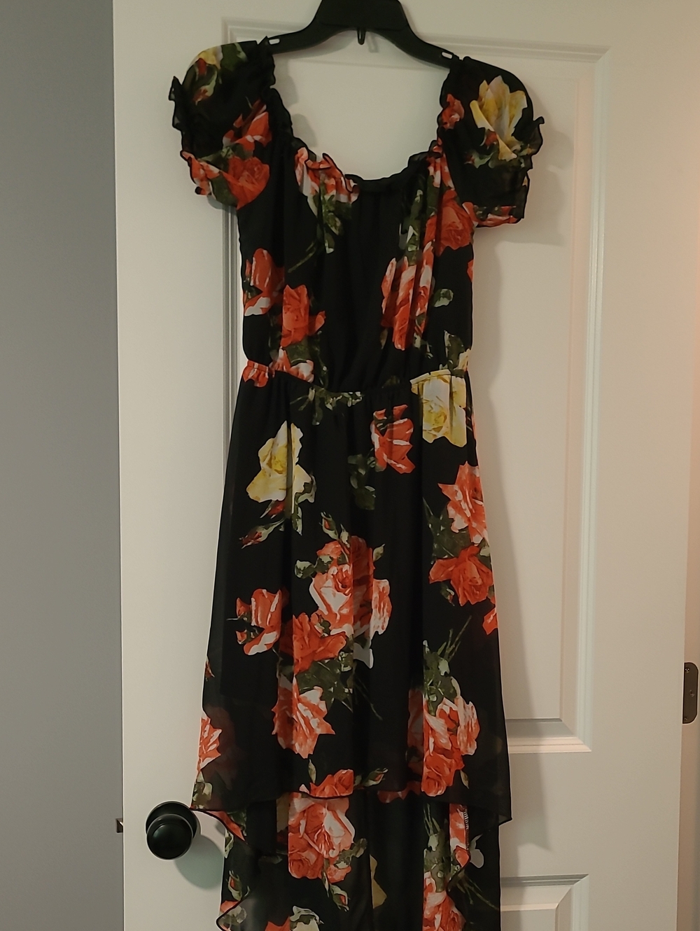 Black Floral High-Low Puff Sleeve Midi Dress